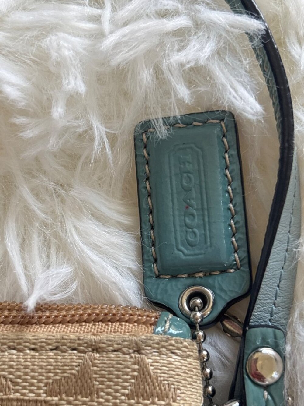 Coach Mini Wristlet Signature C Canvas Patchwork Stripe Bag Teal Trim Vintage - Picture 3 of 16